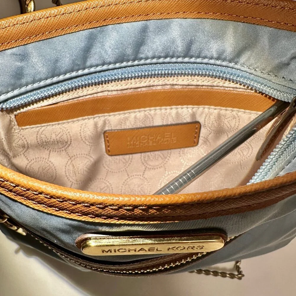 MICHAEL Michael Kors MK Kempton Powder Blue Nylon & Brown Leather Crossbody Bag